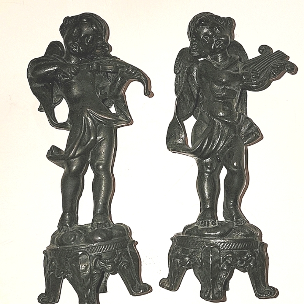 VINTAGE SET OF 2 ANDREA BY SADEK CAST IRON CHERUB BLACK ANGEL FIGURINES
